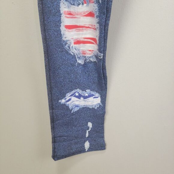 Dren Designs Faux Distressed Denim‎ with American Flag Accents Leggings OS - Picture 4 of 6